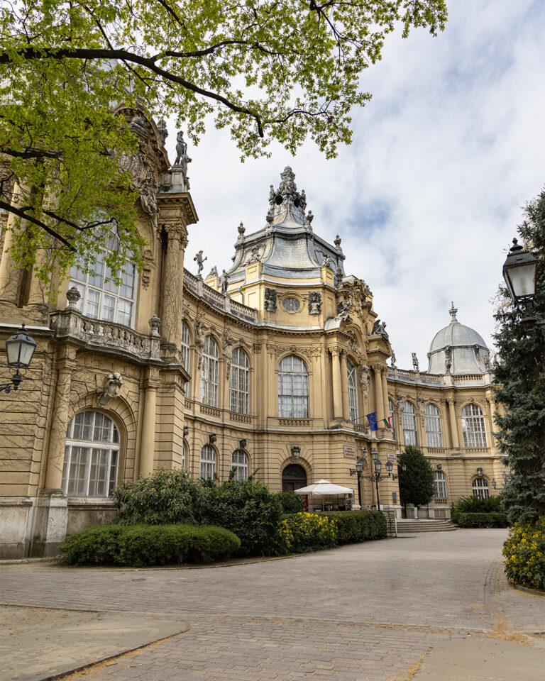 Vajdahunyad Castle courtyard in Budapest with yellow facade, trees and park surroundings