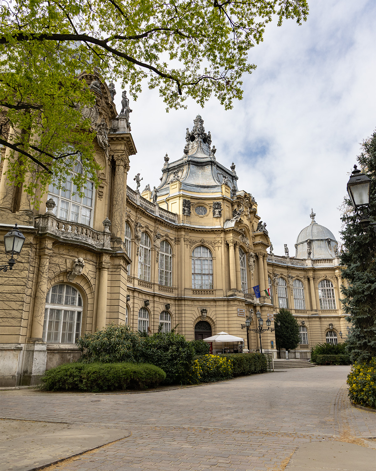 Vajdahunyad Castle courtyard in Budapest with yellow facade, trees and park surroundings