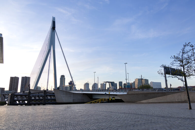 Erasmus Bridge in Rotterdam during sunset with skyline view, budget travel.