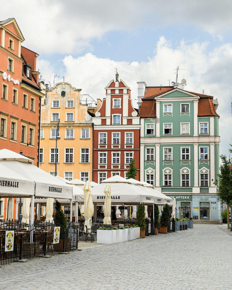 Historic colourful buildings at Wrocław Market Square.