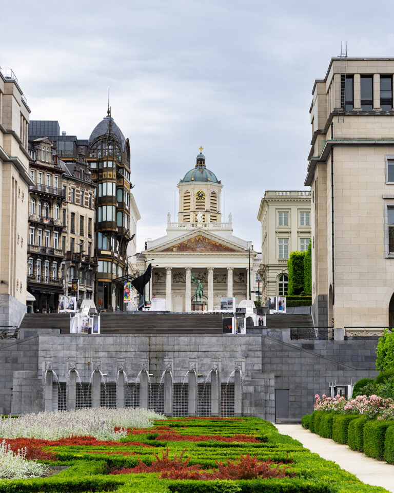 Mont des Arts in Brussels with gardens and city view.